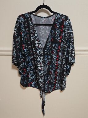 Floral Tie-Front V-Neck Blouse - Black with Blue & Red Floral